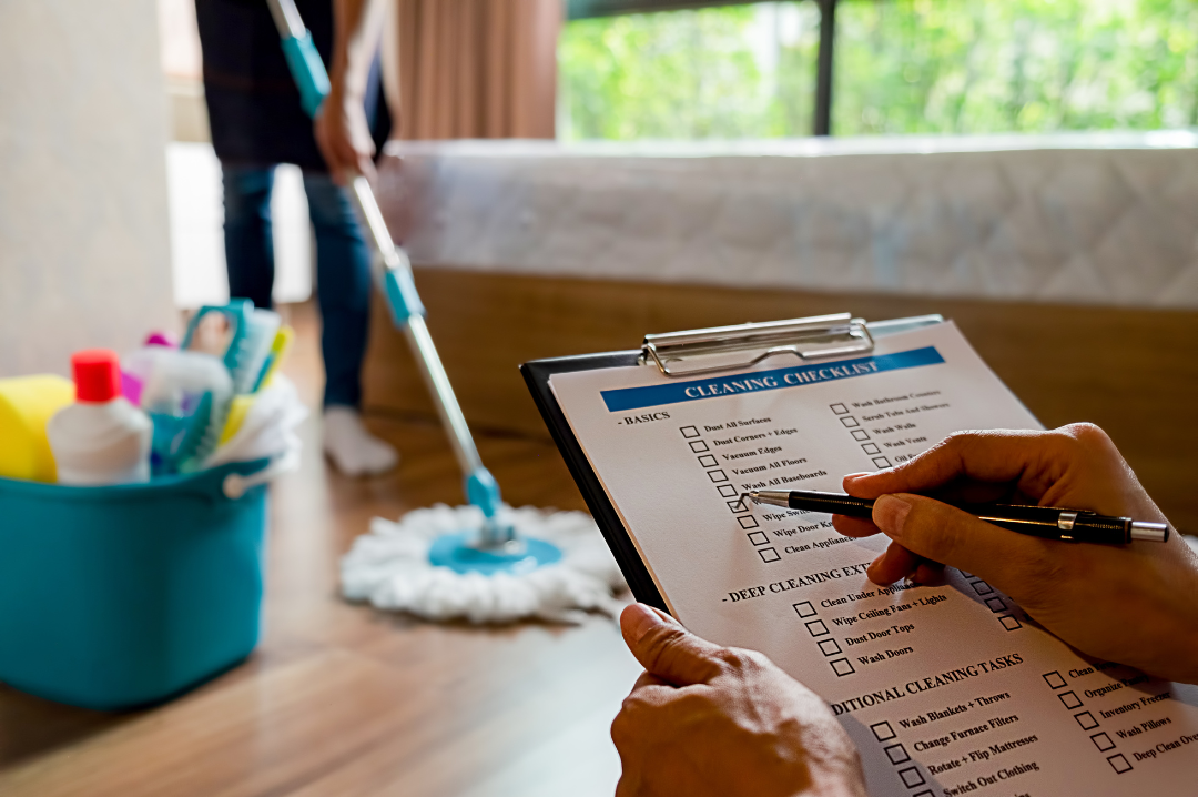 Hands holding a clipboard check a box on a cleaning checklist