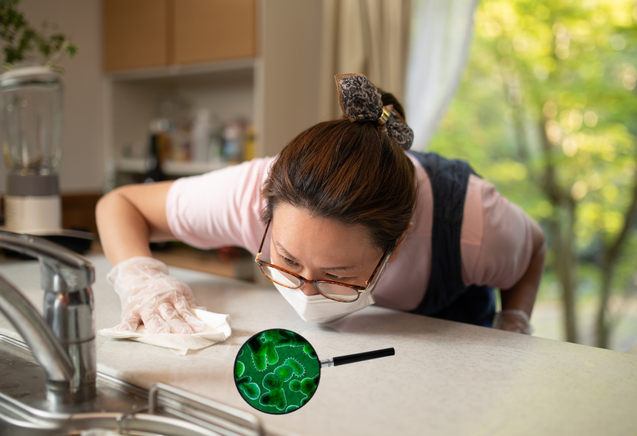 a woman looks closely at a counter she is wiping