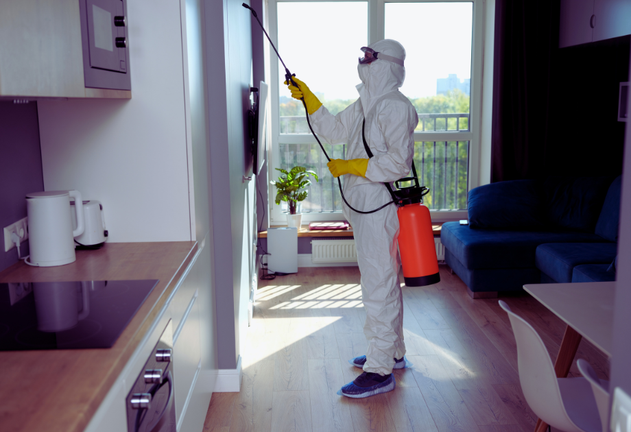 A person in a white chemical suit spraying a wall